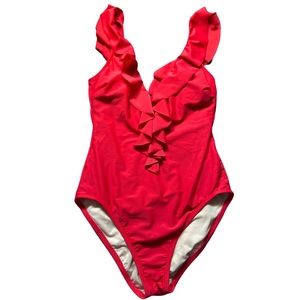 ABS Allen Schwartz Red Ruffle Deep V Swimsuit